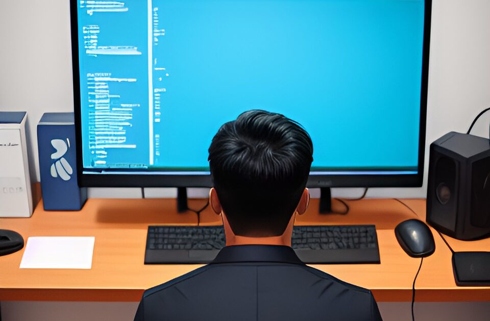 PCの前に座る男